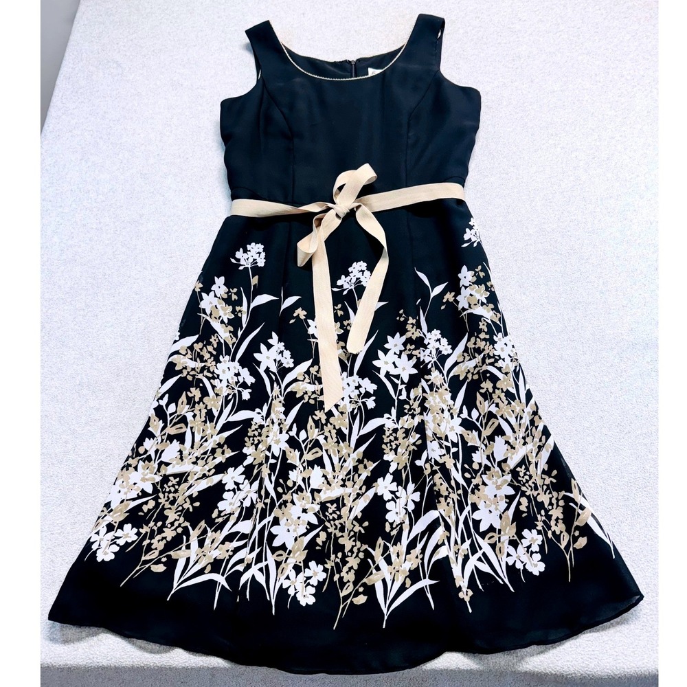 Studio I Fit And Flare Dress Womens 6P Black Floral Sleeveless Chiffon Belted